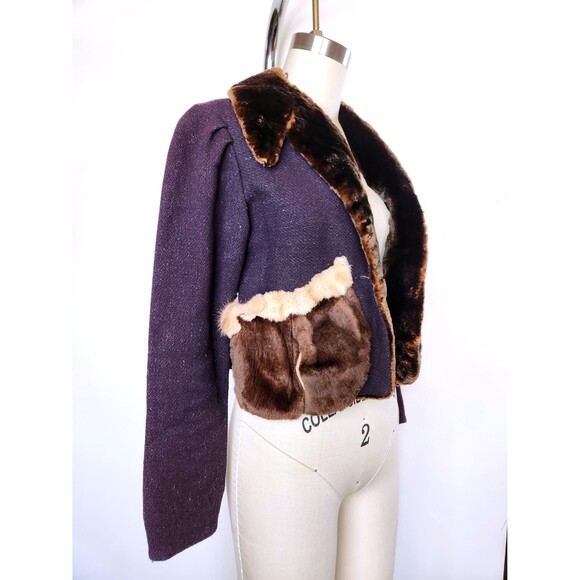 Vintage Wool & Fur Cropped Jacket Blazer Fall Winter Jacket with Fur Collar XS S - Picture 6 of 10